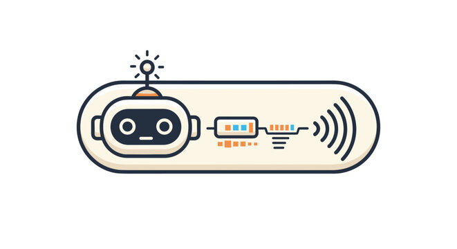 Modern chatbot icon featuring a cute robot head with an antenna inside a speech bubble connected to signal waves for artificial intelligence.