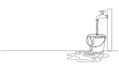 Continuous one line drawing of Water leaks out of a bucket filled with taps and puddles. National Hole In My Bucket Day. One line design vector illustration © Stockxy