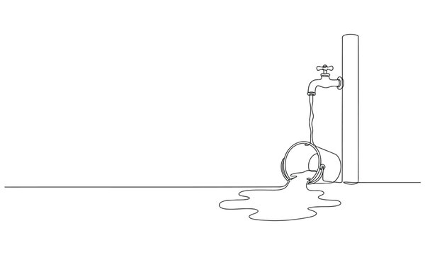 Continuous one line drawing of Water leaks out of a bucket filled with taps and puddles. National Hole In My Bucket Day. One line design vector illustration