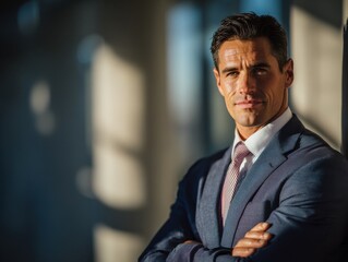 Fototapeta premium business executive neutral pose on a blured office background with natural sunlight