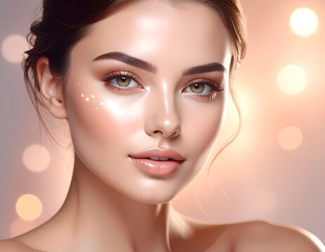 Portrait of a woman with radiant skin and subtle makeup, gazing directly at the viewer. Soft bokeh background