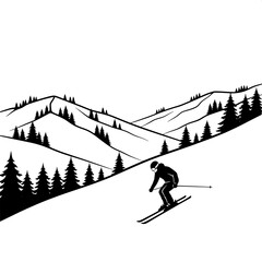 Fototapeta premium Silhouette skier descending snowy mountain slope at dusk with pine trees