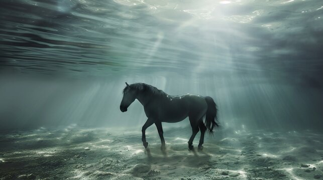 A ghostly white horse walks submerged in tranquil, sunlit, underwater depths