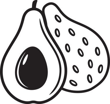 Black and white of a halved avocado showing pit and seeds also transparent background fruit