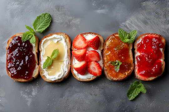 Different types of jam on slices of bread on a table