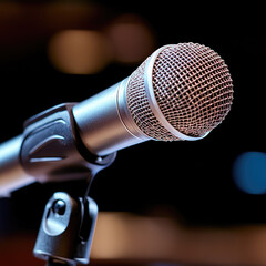 Fototapeta premium Microphone capturing voices, public speaking, and important announcements during a press conference or live event, symbolizing communication, media, and news reporting