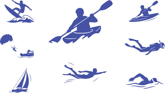Water sports and aquatic recreation icon set featuring kayaking and swimming
