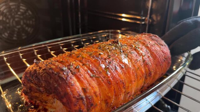 Roasted pork roll in oven with thermometer. Hand removes probe and juices flow from meat, showing tenderness, doneness, and precise home cooking process with crispy crust.