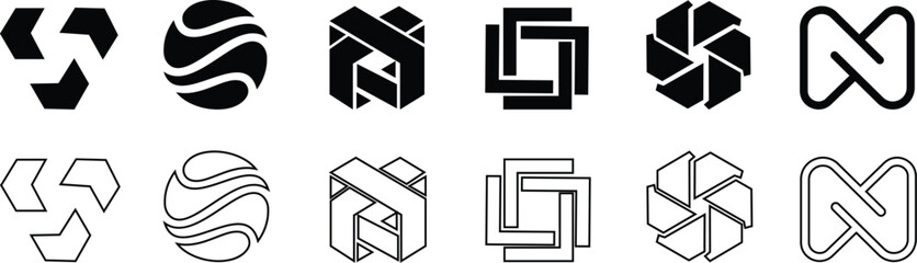 This abstract geometric icon set features diverse of modern designed with clean lines, balanced shapes, and creative sigs. This includes a, squares, hexagons, grids, waves, spirals, and layered patter