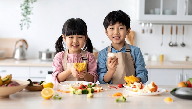Two Asian children in aprons smile at the camera, holding food items, amidst a countertop filled with fruits and vegetables