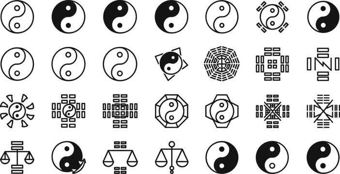 Yin Yang & Feng Shui Variations Bagua Trigrams and Taoism Spiritual Outline Icons Set Harmony and Balance Geometric Linear Vector Icon Collection