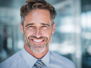 Fototapeta premium executive man friendly approachable on a blured office background with natural sunlight