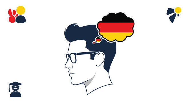Profile of a man with thinking bubbles containing the German flag representing language learning or cultural connection on white background.