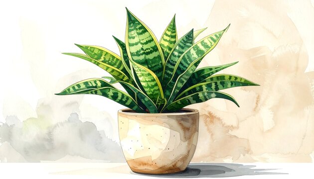 A vibrant watercolor illustration of a potted snake plant. Its green leaves with yellow edges contrast against a soft, abstract background