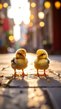 Two fluffy, golden yellow chicks stand side-by-side on a cobblestone path. Soft light bathes the scene, illuminating the background