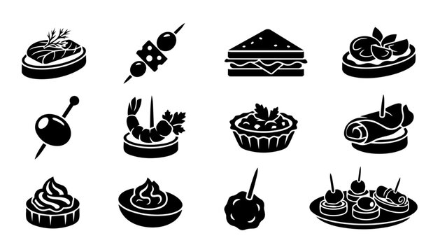 Canap&eacute; and Finger Food Silhouette Icon Set &ndash; Catering, Party Appetizers and Gourmet Snacks Collection