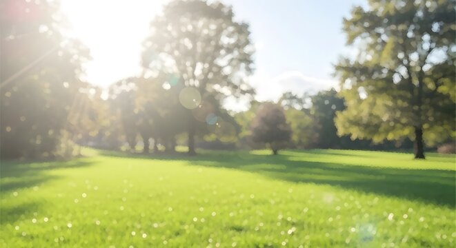 Blurry sunny landscape with green grass and trees in a park or garden