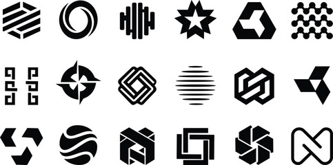 This abstract geometric icon set features diverse of modern designed with clean lines, balanced shapes, and creative sigs. This includes a, squares, hexagons, grids, waves, spirals, and layered patter