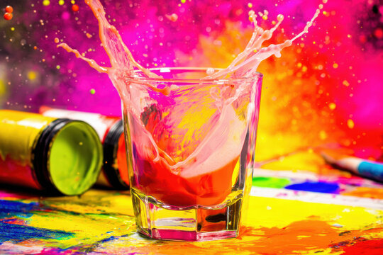 Dynamic red orange liquid splashes from glass on paint art