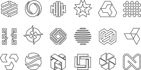 This abstract geometric icon set features diverse of modern designed with clean lines, balanced shapes, and creative sigs. This includes a, squares, hexagons, grids, waves, spirals, and layered patter