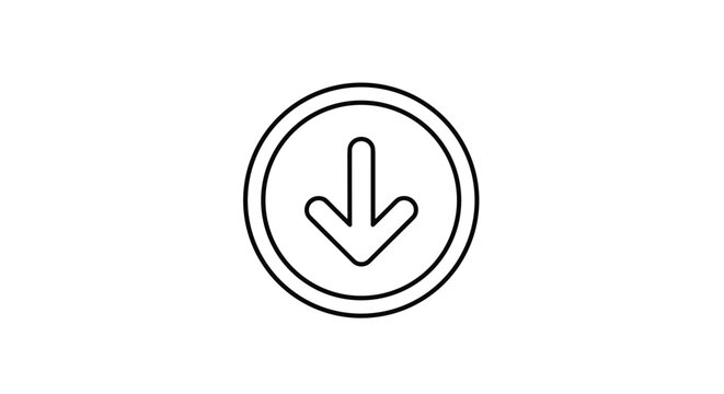 Black outline icon of a down arrow inside a circular frame on a white background representing download, lower direction, or decrease in values.