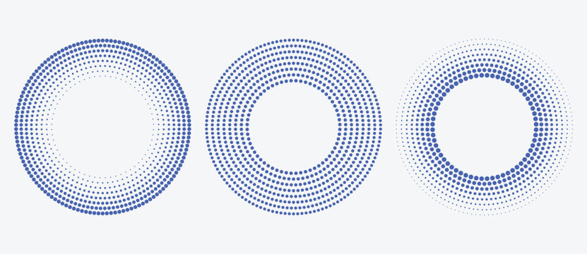 Set of three concentric halftone dot circles with varying density gradients in blue on light background. Minimalist vector icons for technology, UI design, loading spinner and modern branding concepts