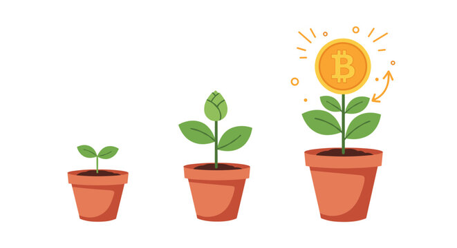 Three stages of a plant growth in pots ending with a large bitcoin coin as a flower head on a white background representing crypto profits.