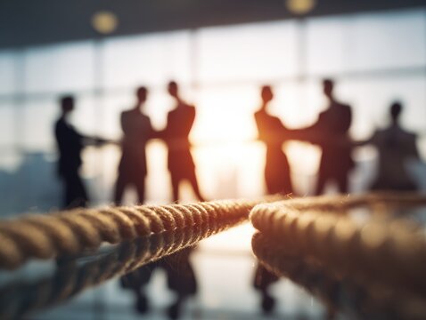 corporate team trust exercise on a blured office background with natural sunlight