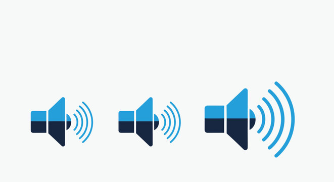 Three speaker icons in varying sizes with sound waves illustrate volume adjustment levels and audio settings for media player controls.