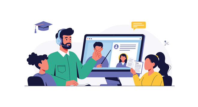 Virtual classroom setting shows teacher on computer screen instructing students during online lesson illustrating modern distance education.