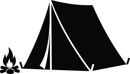 Camping tent with campfire silhouette, outdoor adventure and travel concept, campsite equipment icon, black vector illustration isolated on white background, minimalist design © MST