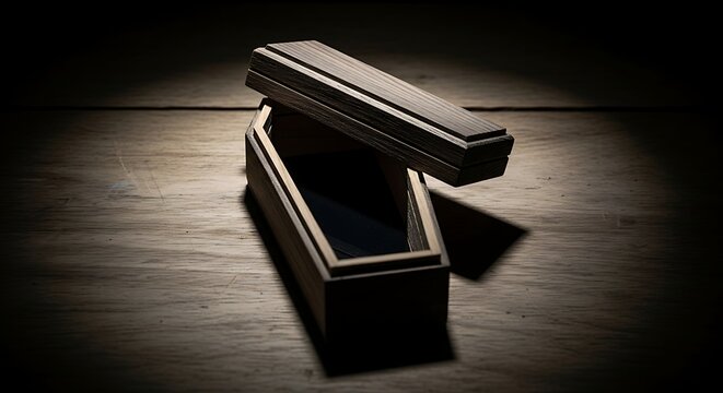 An empty black coffin with its lid partially open sits under a dramatic spotlight in a dark room.