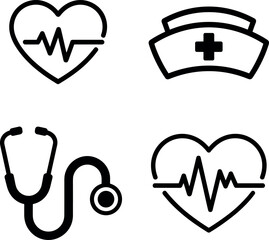 Obraz premium Medical Icons Set Heart Rate, Nurse Hat, Stethoscope