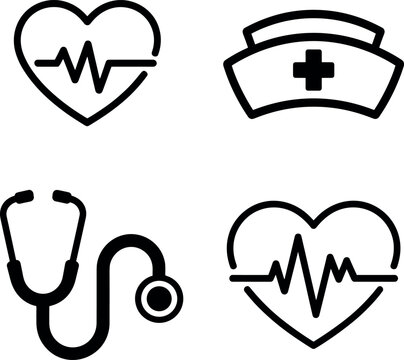 Medical Icons Set Heart Rate, Nurse Hat, Stethoscope