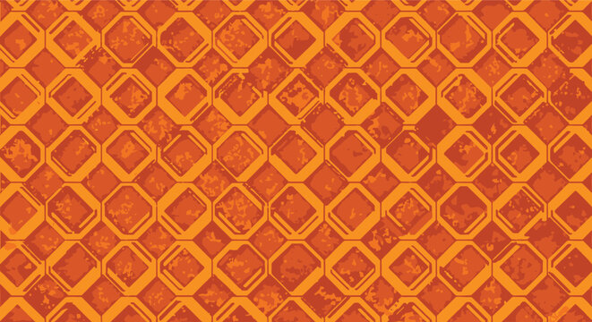 Abstract geometric pattern featuring interlocking orange and brown octagons with a distressed and weathered texture.