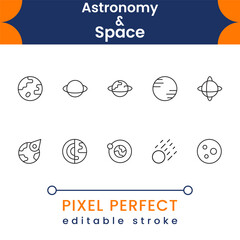 Modern space exploration icons with astronomy elements, planets, rockets, satellites, cosmic objects, science and universe symbols © Amna's Studio