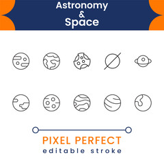 Modern space exploration icons with astronomy elements, planets, rockets, satellites, cosmic objects, science and universe symbols © Amna's Studio