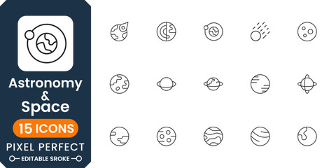 Astronomy and space icon pack with planets, stars, rockets, satellites, galaxy elements, cosmic exploration and science symbols © Amna's Studio