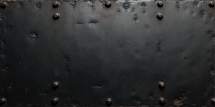 Weathered black steel plate texture, dark grunge metal surface with rivets and scratches, industrial distressed background, rugged heavy duty design
