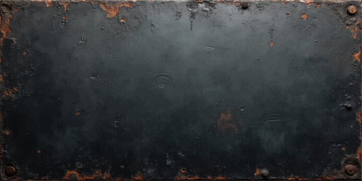 Weathered black steel plate with rust edges and water droplets, dark grunge metal texture, industrial distressed background, rugged heavy duty surface