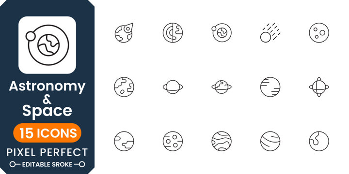 Astronomy and space icon pack with planets, stars, rockets, satellites, galaxy elements, cosmic exploration and science symbols