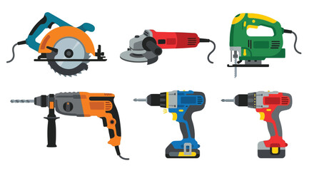 Naklejka premium An illustrated collection of various colorful power tools for construction