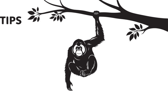 Black silhouette of a monkey hanging from a tree branch