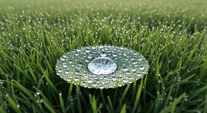Macro shot of single large dewdrop reflecting light on a vibrant green grass blade with tiny