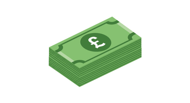 Isometric illustration of a thick stack of green pound sterling banknotes representing wealth and financial stability.