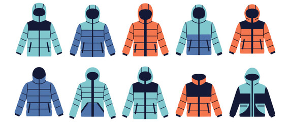 Winter puffer jackets collection, warm hooded outerwear for cold weather. © GW