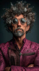 Obraz premium Stylish Man with Curly Grey Hair and Round Steampunk Glasses in Textured Purple Jacket