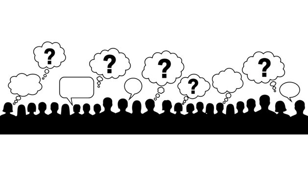 A crowd of people silhouette with question marks and speech bubbles