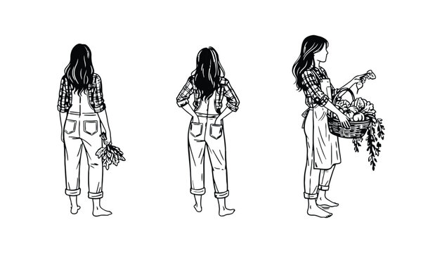 A woman farmer illustration in various poses with fresh produce