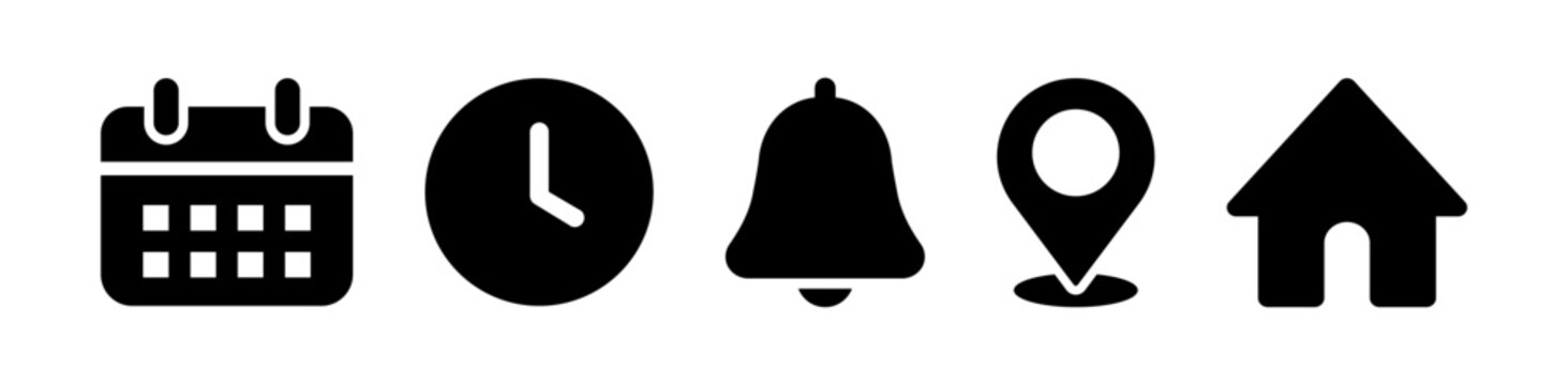 Date, time, and address icon vector set. Flat black home, bell notification, clock, calendar, and location symbols, representing event reminder, meeting schedules, and appointments. PNG illustration.